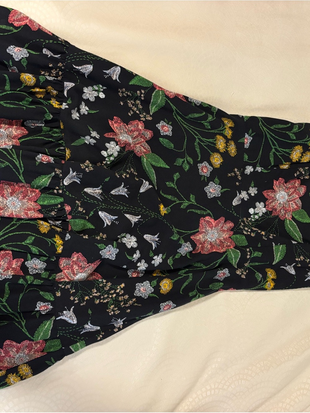 Black Floral Print Dress with Pink & Green Embroidery